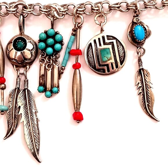 Handmade Artisan Native American Sterling Turquoise Coral Charm Necklace - Picture 6 of 8